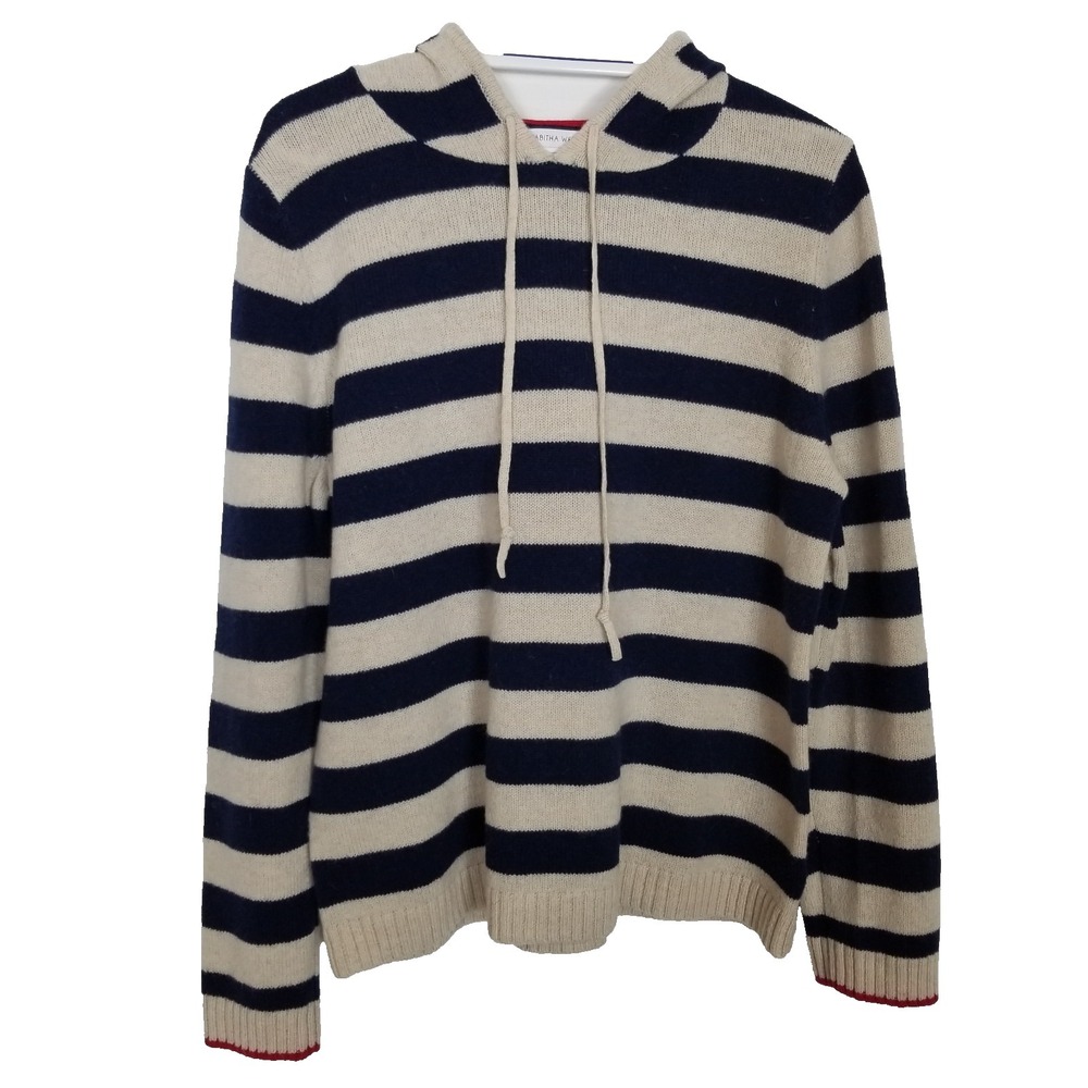 Tabitha Webb Women Stripped Hoodie Sweater  Sz L Wool Blend‎ Beige Navy Pullover